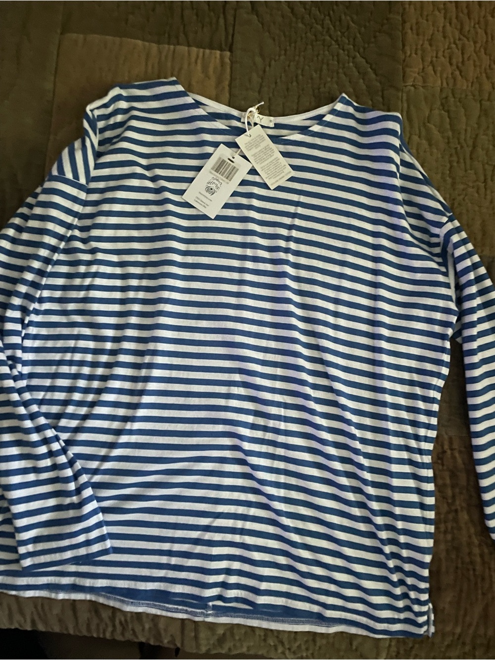 Ivy Sam Striped Long Sleeve Boatneck Top - Blue & White 100% Cotton Size 10